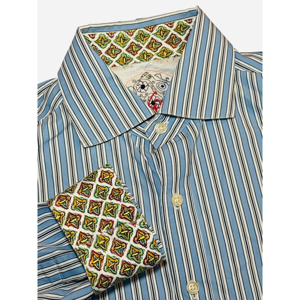 Robert Graham Mens L Blue Striped Button Down Shirt Flip Cuff Geometric Trim L/S